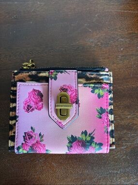 Betsey Johnson Pink Floral Card Wallet with Leopard Accent